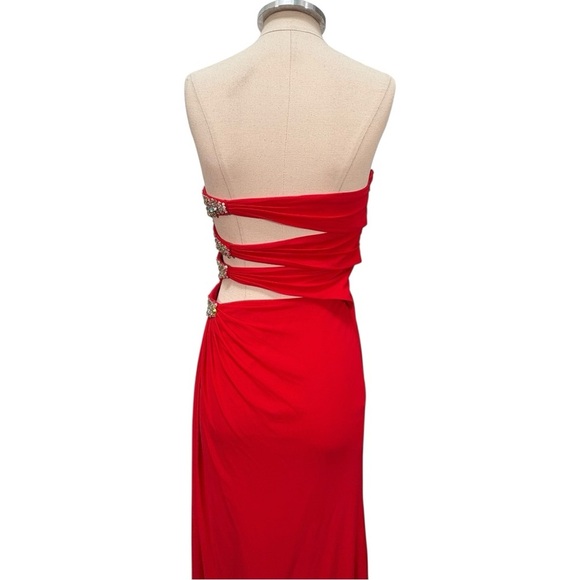 La Femme Strapless Rhinestone Embellished Cut Out High Slit Maxi Dress Red - Picture 7 of 13